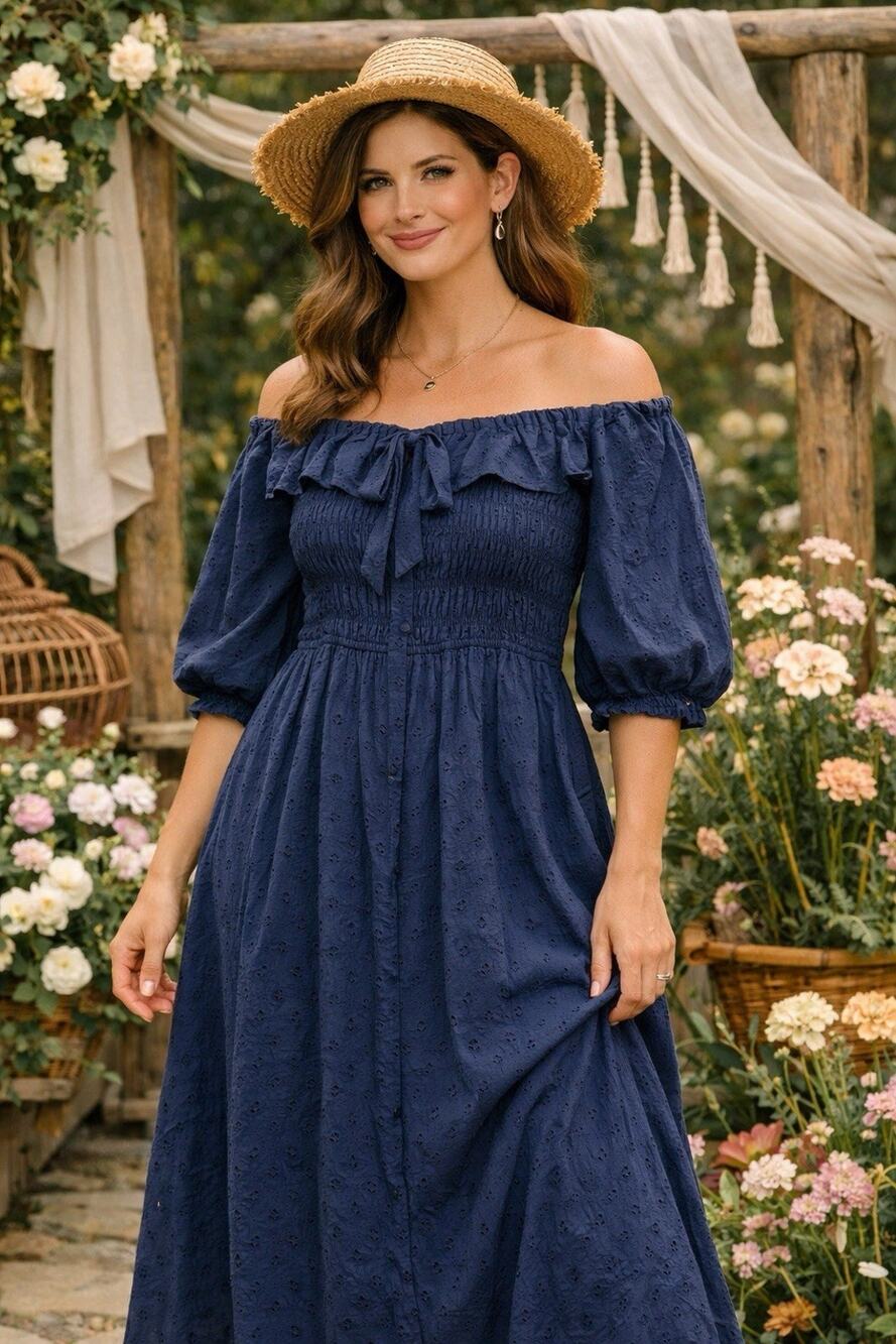 R.Vivimos Navy Blue S Smocked Maxi Dress Square Neck Half Sleeve Dot Cotton EUC